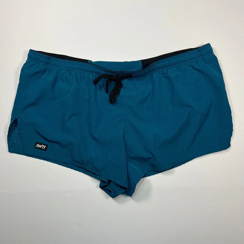 Awry Men's Running Shorts XL Teal Perforated Split Leg Liner Zip Pocket Gym